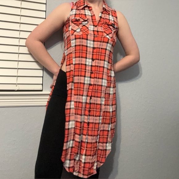 Love Ari Plaid Tartan Tunic Button Up Sleeveless Orange White Women’s Size S - Picture 8 of 13
